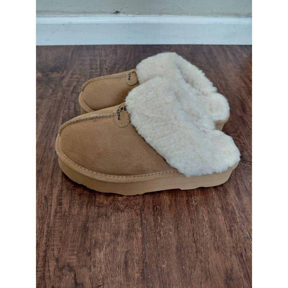 Bearpaw Platform Chunky Slippers, 10 Sheepskin, Tan Suede Leather